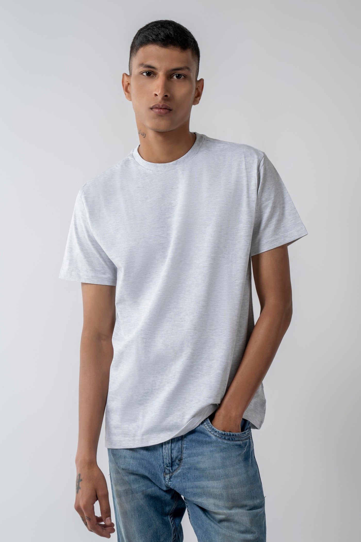 White Melange Crew Neck T-Shirt